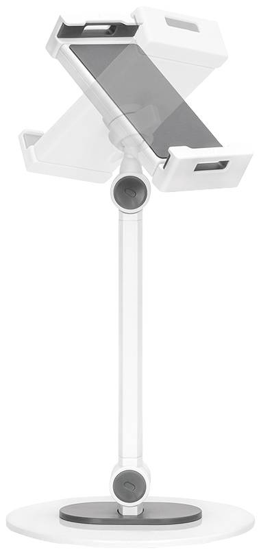 A white and grey-coloured tablet stand with an adjustable arm and rotatable mount for flexible device positioning.