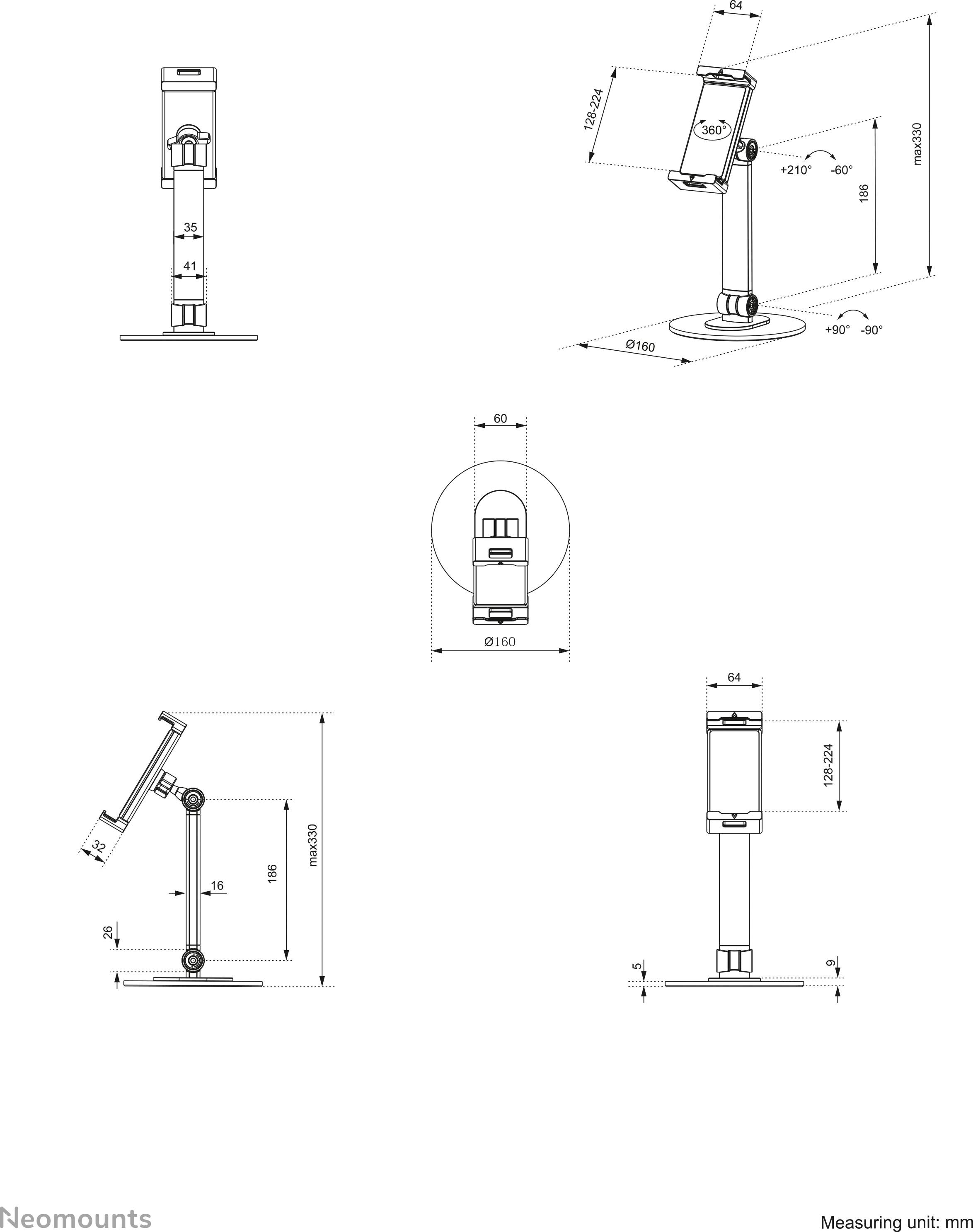 'Technical drawing of an adjustable monitor arm with dimensions in millimetres and multiple perspective views.'