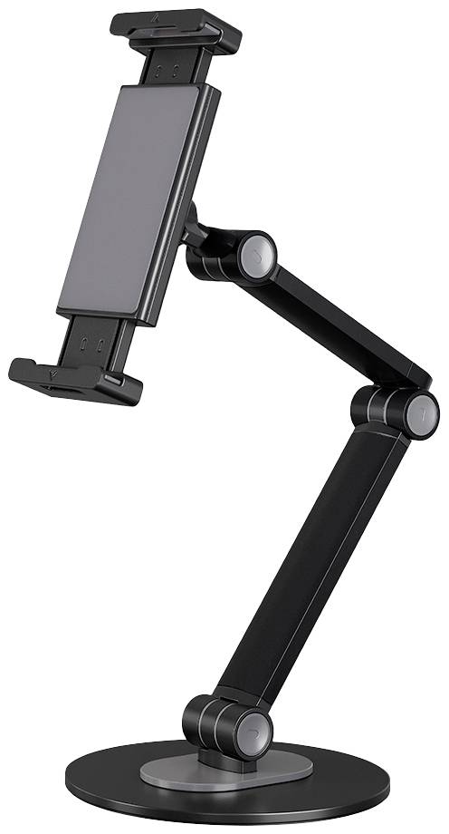 A black, adjustable tablet holder with round joints and a sturdy base, for securely mounting tablets at various angles.
