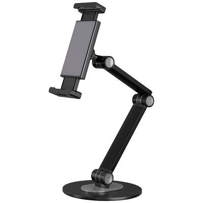 A black, adjustable tablet holder with round joints and a sturdy base, for securely mounting tablets at various angles.