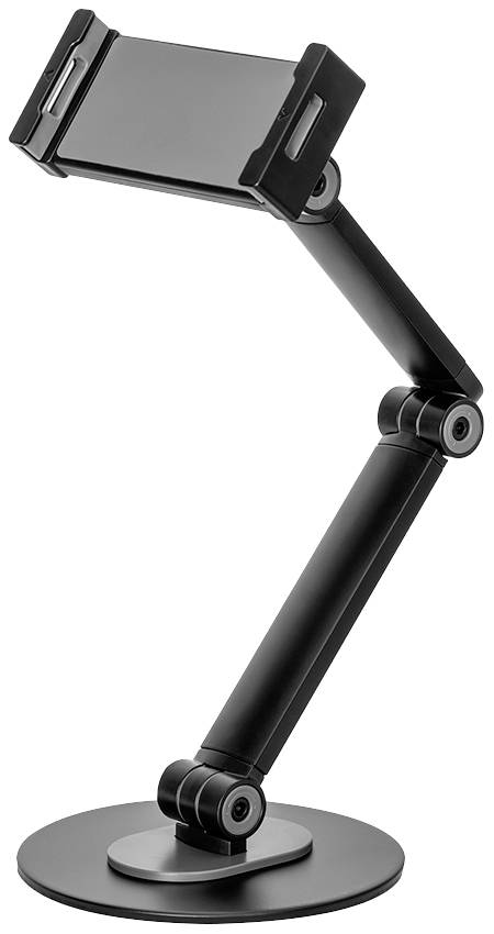 A black, adjustable mobile phone holder with a stable base and flexible joints, perfect for securely positioning a smartphone.