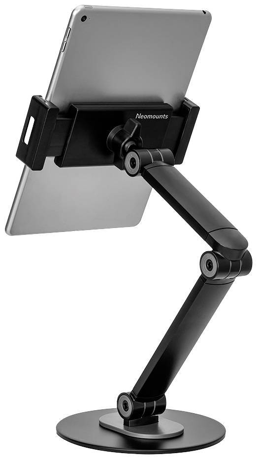 A tablet in a flexible, black holder with an arm, mounted on a round base. The arm is adjustable for various angles.