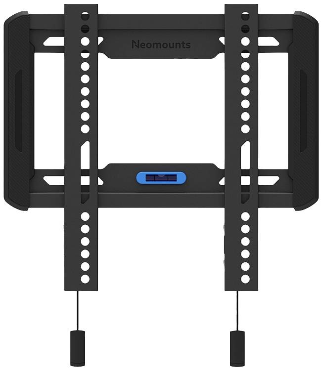 A black TV mount from Neomounts with an integrated spirit level and pull tabs for easy installation.