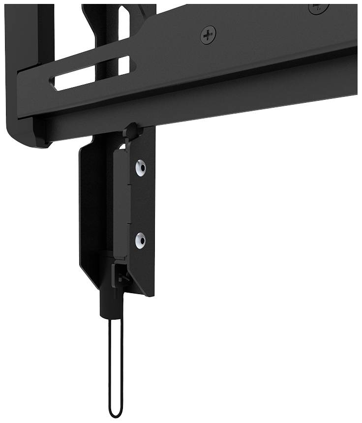 Wall mount with adjustment screws and safety cable for securing a TV device. Black metal frame in detail.