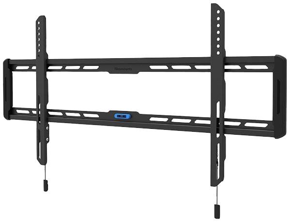 A black TV wall mount with adjustable arms and cable management mechanism for height adjustment, suitable for flat-screen televisions.
