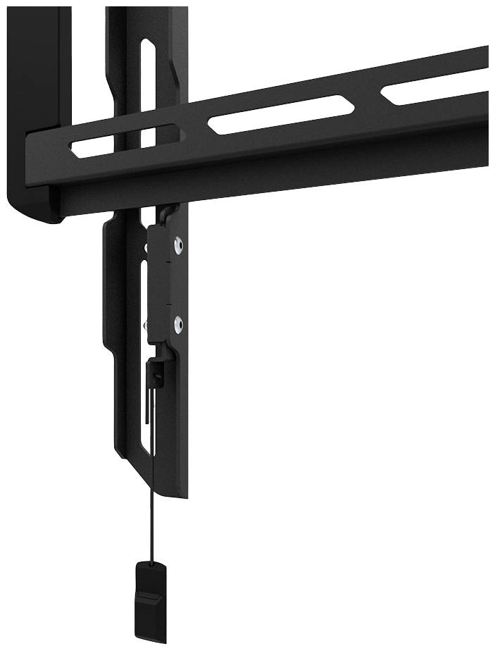 A black, adjustable TV wall mount with cable management mechanism. Ideal for securely mounting flat screen televisions on the wall.