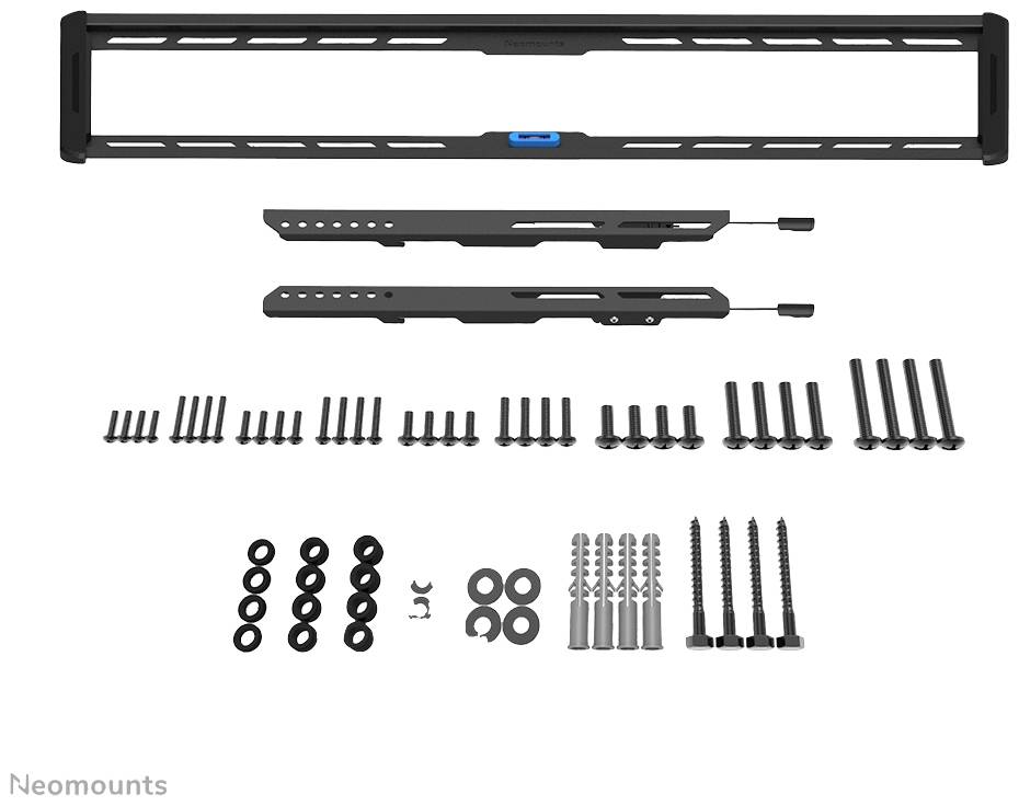 'Wall Mounting Bracket Kit' consisting of a black bracket, various screws, wall plugs, and washers, neatly arranged.