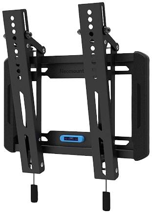 A black, tilting TV wall mount with a spirit level in the centre, suitable for smaller screens.