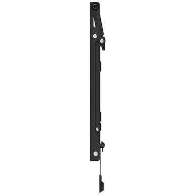 Black, vertical hinge with multiple movable joints and mounting points; depicts a technical component.