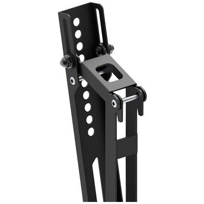 A black metal frame with multiple holes and screws, forming part of an adjustable support system.
