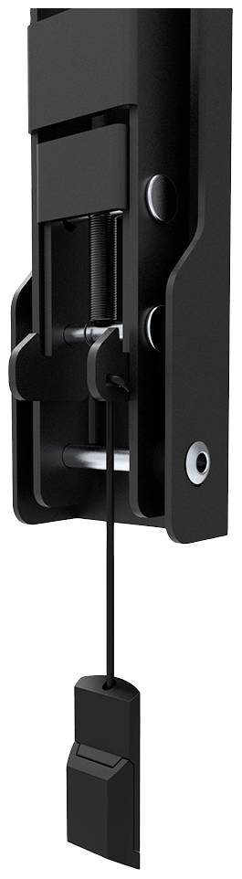 Close-up of a door locking mechanism with cable pull, predominantly made of black metal. Simple and robust construction.