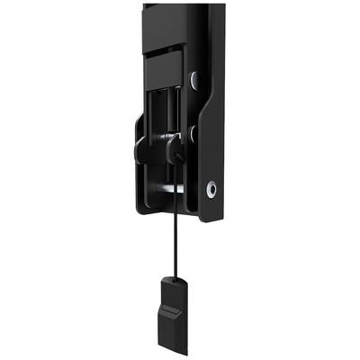 Close-up of a door locking mechanism with cable pull, predominantly made of black metal. Simple and robust construction.