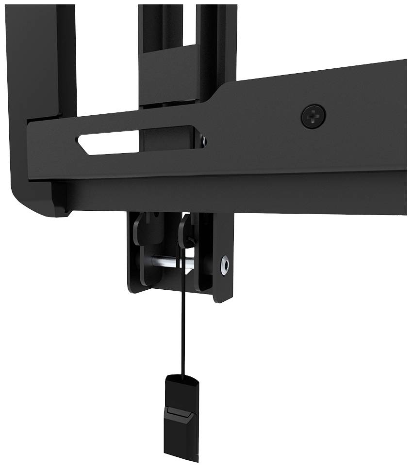Close-up of a black cable pulley system with a metal mounting bracket and a tension cable against a white background.