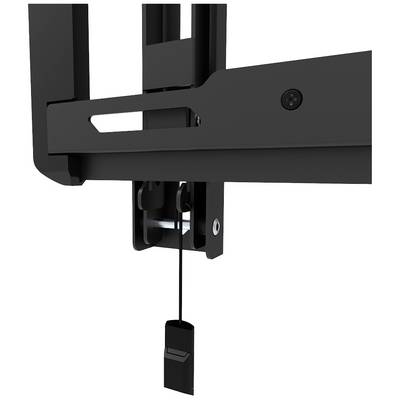 Close-up of a black cable pulley system with a metal mounting bracket and a tension cable against a white background.