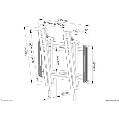 Articulating TV Wall Mount for Screens, Dimensions: 315 mm Width, 320 mm Height, Adjustable from 75 to 200 mm. Tilt Range +12° to 0°.