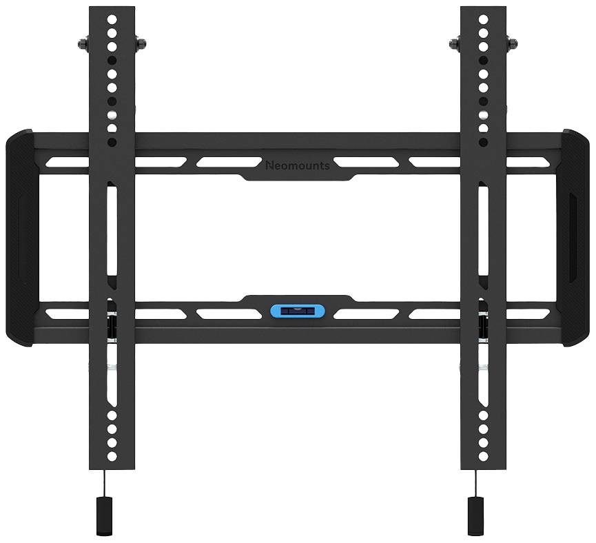 A black wall mount for flat-screen televisions, with rails and a blue spirit level for alignment.