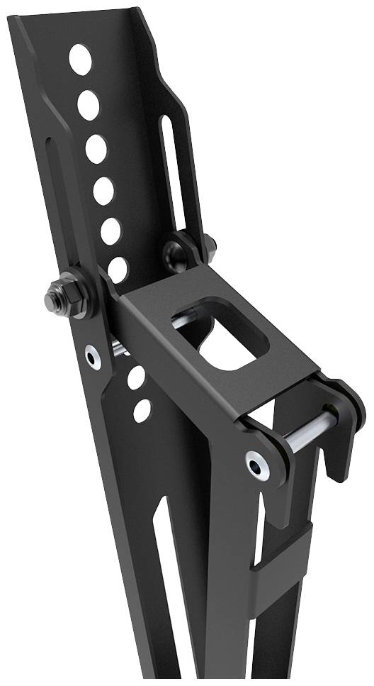 A black metal lever with perforated pattern, hinges and bolts; suitable for various lifting operations.