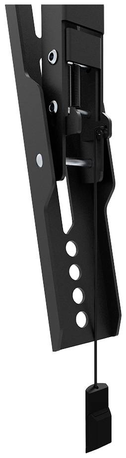 An adjustable black metal mechanism with multiple mounting points and an elongated wire with a pendant hanging from the bottom.