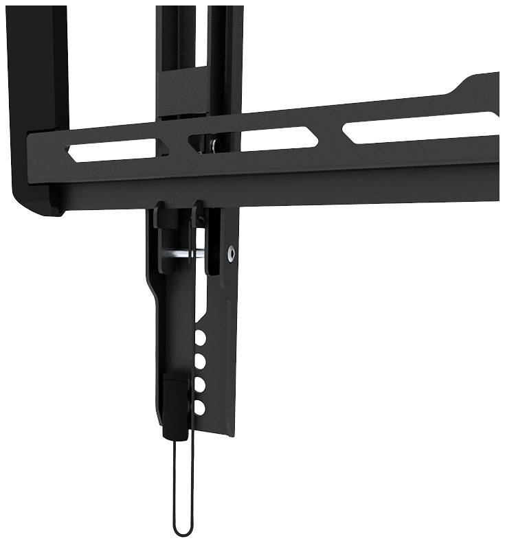 A black metal TV wall mounting arm with multiple mounting points and a safety clip.