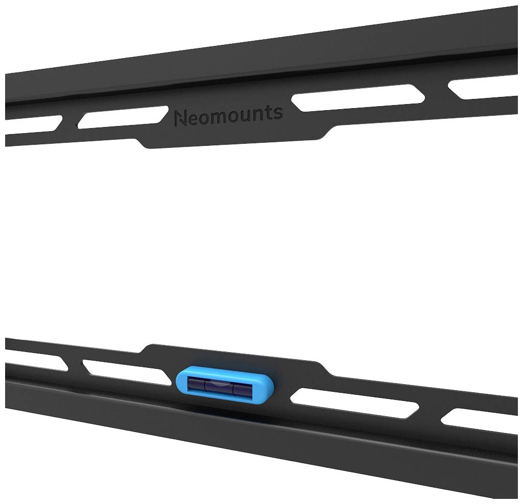 A black TV wall mount by Neomounts with an integrated blue spirit level for precise alignment.