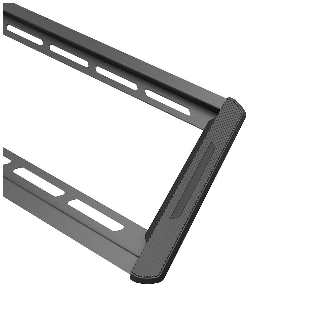 Black metal mounting bracket with rectangular cutouts and non-slip edges, likely designed for securely holding devices.