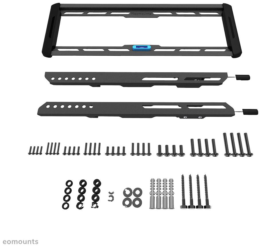 Mounting Kit for TV Wall Bracket: Frame, two rails, screws, wall plugs and washers for secure installation.