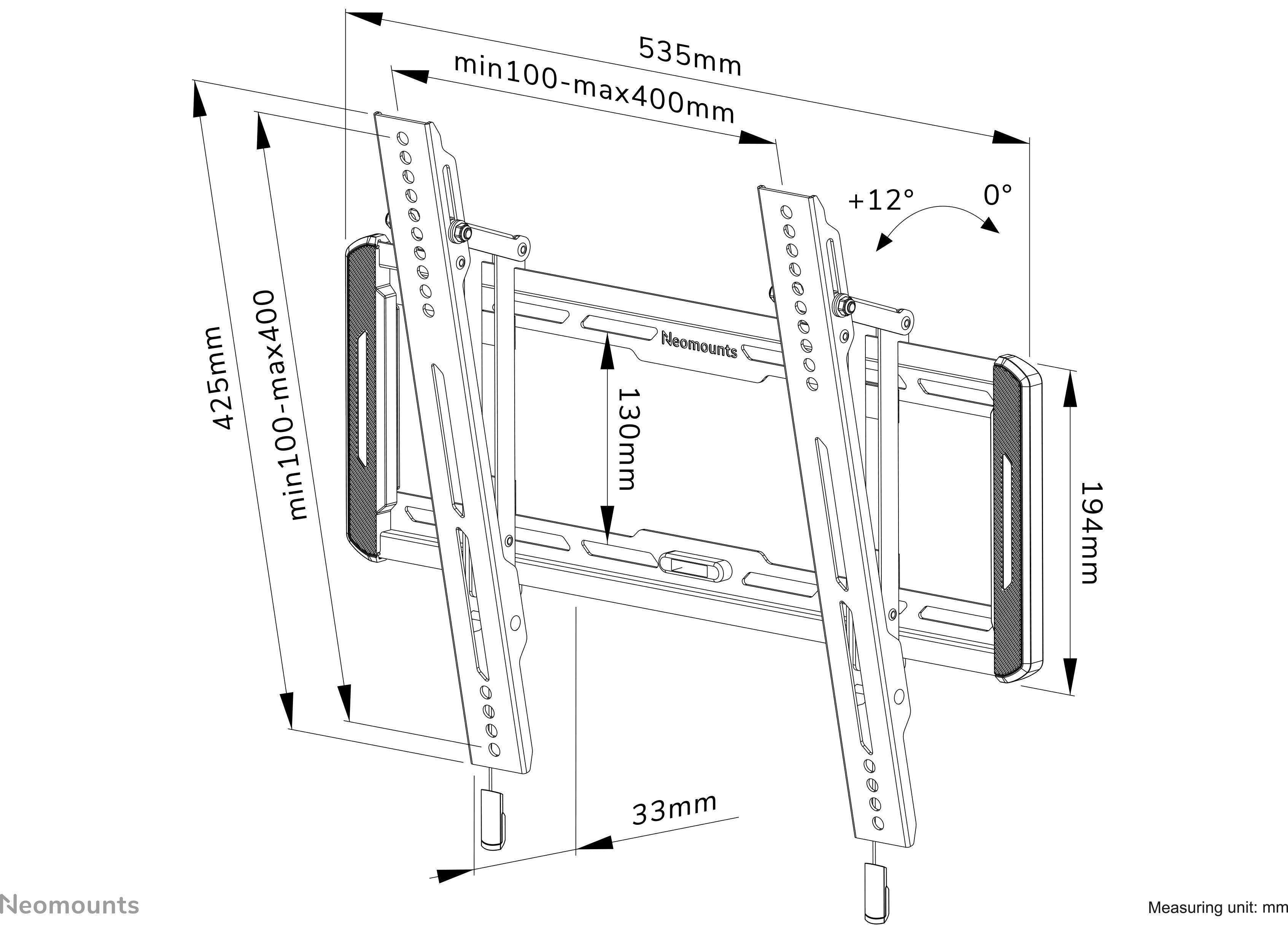 Wall Mount for Television: Height-Adjustable Range 100-400mm, Width 535mm, Tilt -12° to 0°, Unit of Measurement mm.