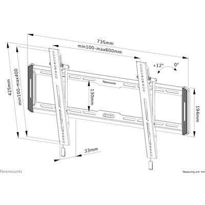 TV Wall Mount Diagram: Tilt Angle 0° to +12°, Width 735mm, Height 425mm, Variable VESA Mounting Ranges from 100mm to 600mm.
