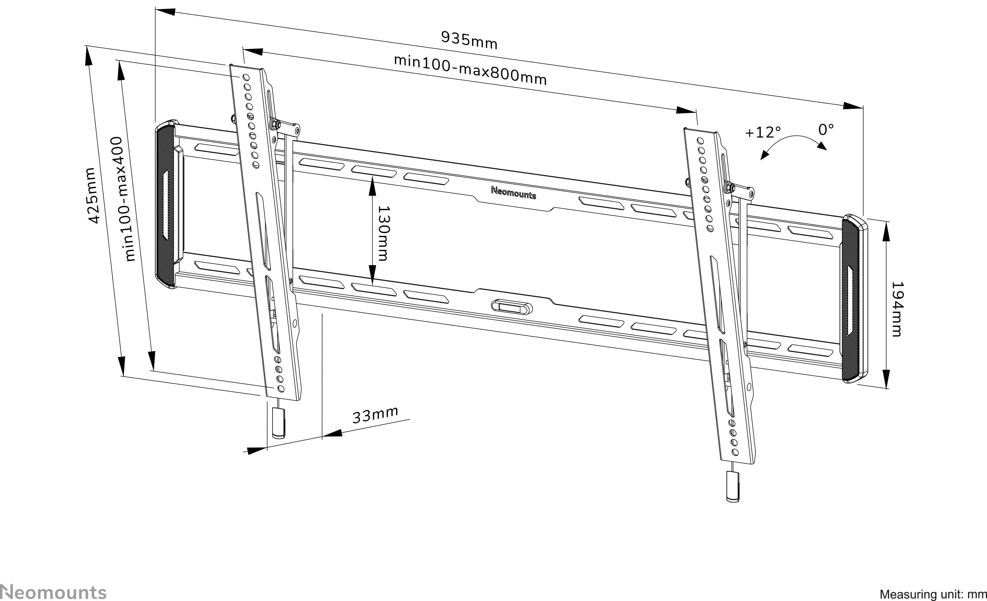 'Mounting Bracket: 935mm width, Height adjustable from 100-400mm, Tilt +12° to 0°, lateral 130mm, compatible with screens ranging from 100-800mm in width.'
