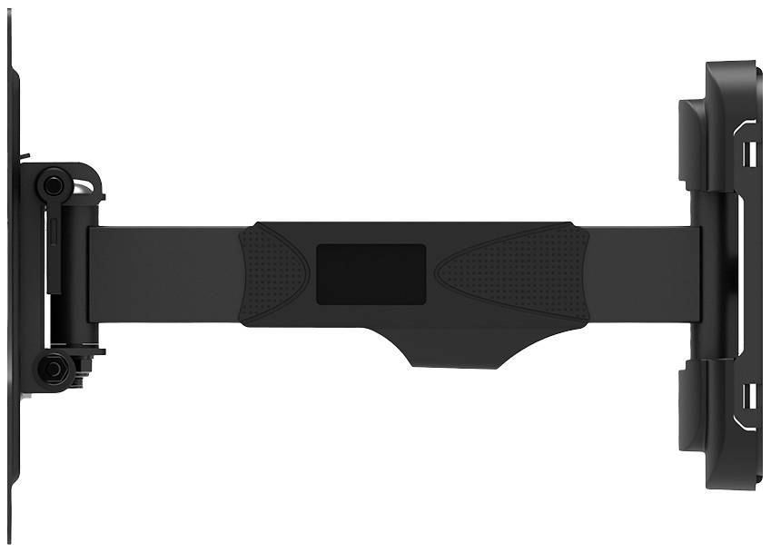 Pivoting black metal TV wall mount, extended. Suitable for flexible positioning of a television on the wall.