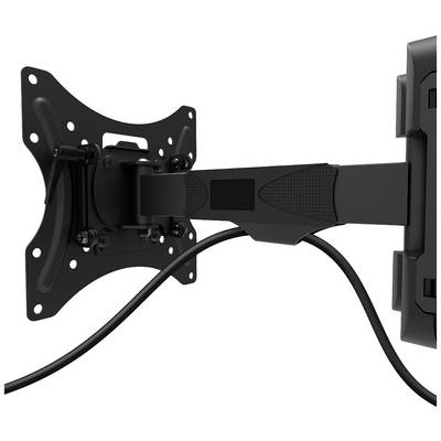 Black TV wall mount with swivel arm, wall-mounted, with cable management. Suitable for flat-screen televisions.