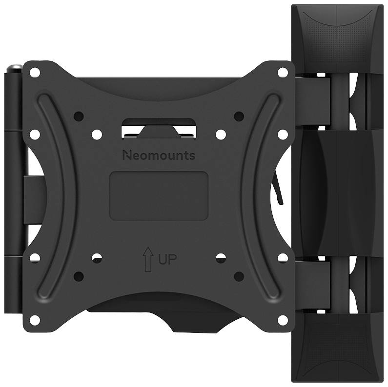 Black wall-mounted monitor bracket with adjustable arm. 'Neomounts' brand name visible. Mounting slot and arrow indicator showing 'UP'.