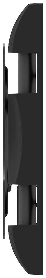 Black, flat, vertical device with curved edges. Side view reveals a sleek and modern design.