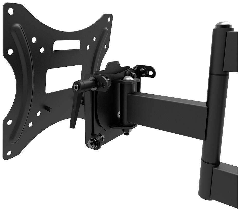Television wall mount in black metal, pivoting and tilting, for securing flat screen displays to the wall.