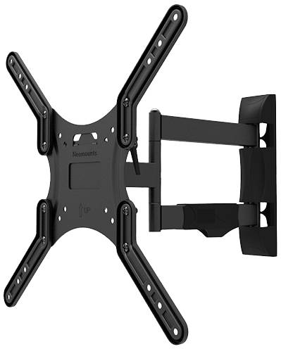 'Black TV wall mount with articulating arm, suitable for flat-screen televisions. Wall attachment enables flexible positioning.'