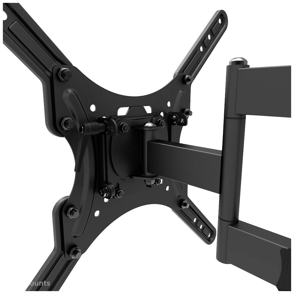 A tilting and swivelling TV wall mount made of black metal with multiple screw holes for securing a television.