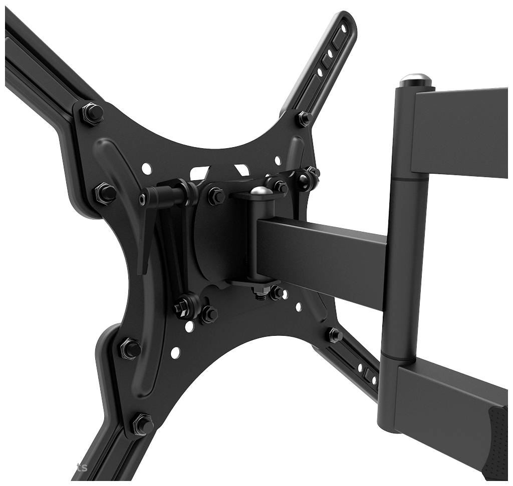A black, adjustable TV wall mount bracket with multiple mounting screws.