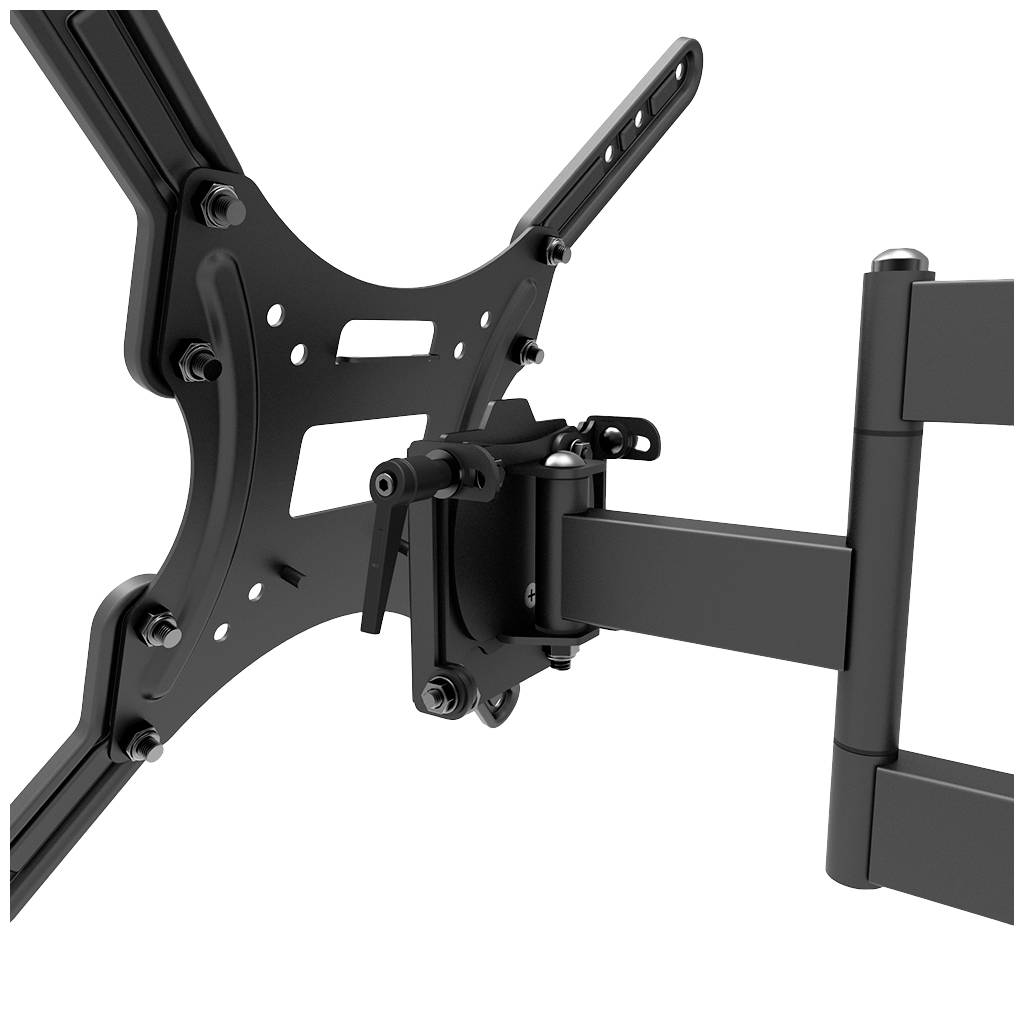 Pivoting TV wall mount in black metal, suitable for various screen sizes, with multiple joints for flexible positioning.