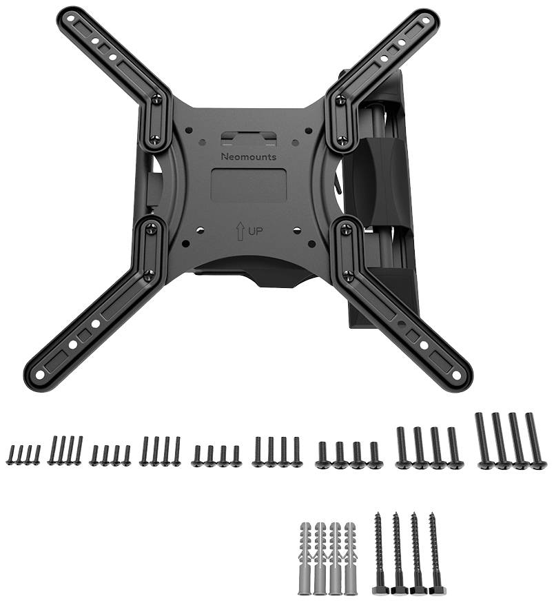 Wall mount for television or monitor with screw and wall plug set. Four arms for fixing, positioning instructions included.