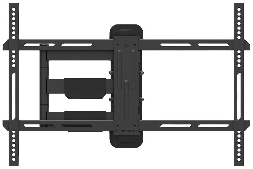 Black, pivoting TV wall mount with adjustable arms and universal mounting system, suitable for various TV sizes.
