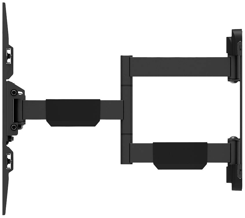 Flat, black TV wall mount with fully extendable arm; shows side view with two rotatable mounting points.