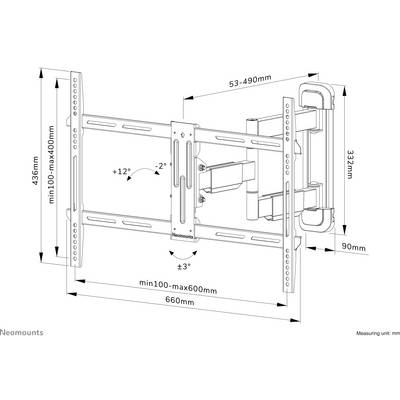 Wall mount for television, tiltable from +12° to -2°, extendable from 53 to 490 mm, compatible with VESA 100x100 up to max. 600x400 mm.