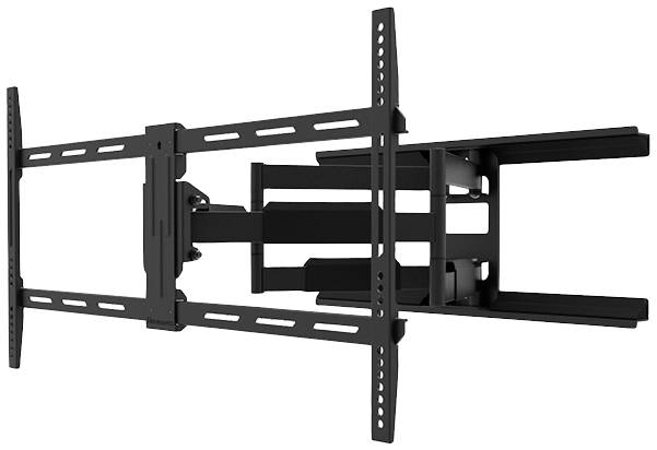 Metallic TV wall mount with adjustable arms and multiple mounting slots for flexible positioning.