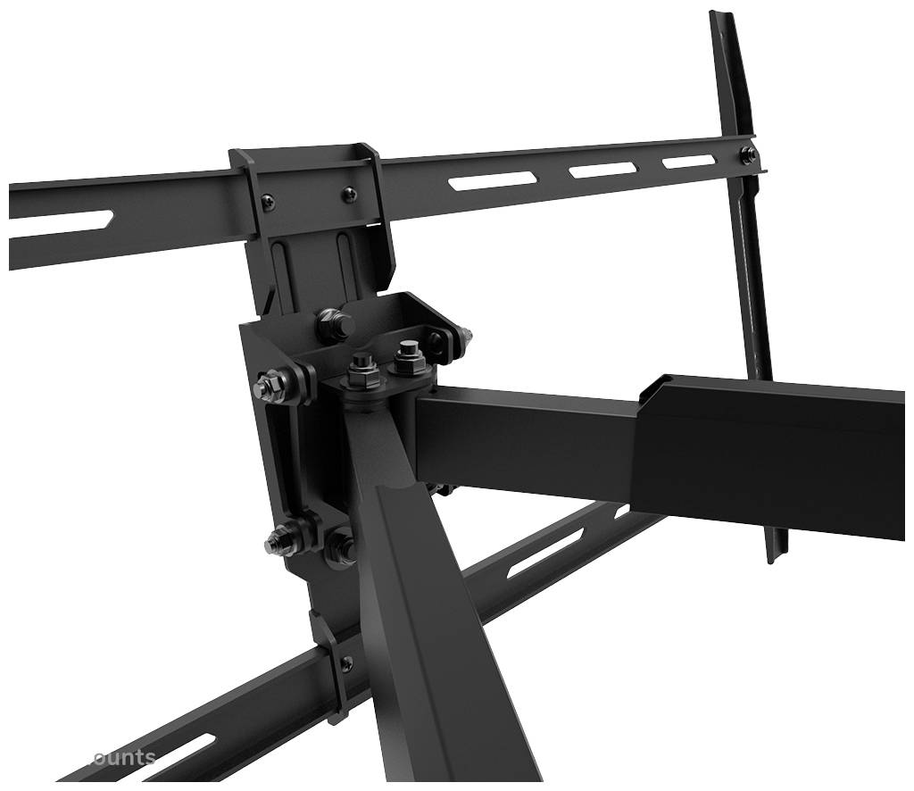 A black, metallic TV wall mount with adjustable arms and mounting screws for wall installation.