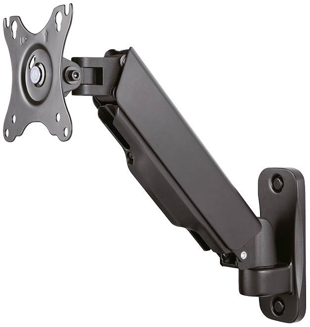 A black, pivoting wall-mounting bracket suitable for attaching a monitor.
