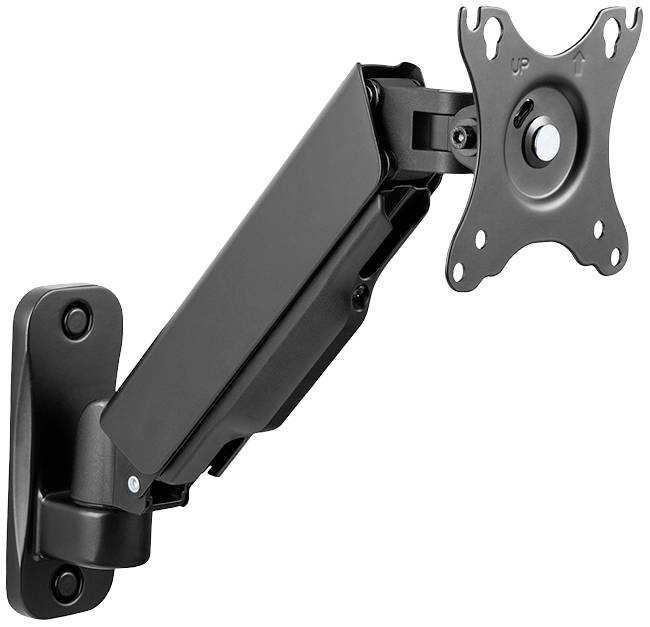 A black, adjustable monitor arm with wall mount. Suitable for mounting monitors, enables flexible positioning.
