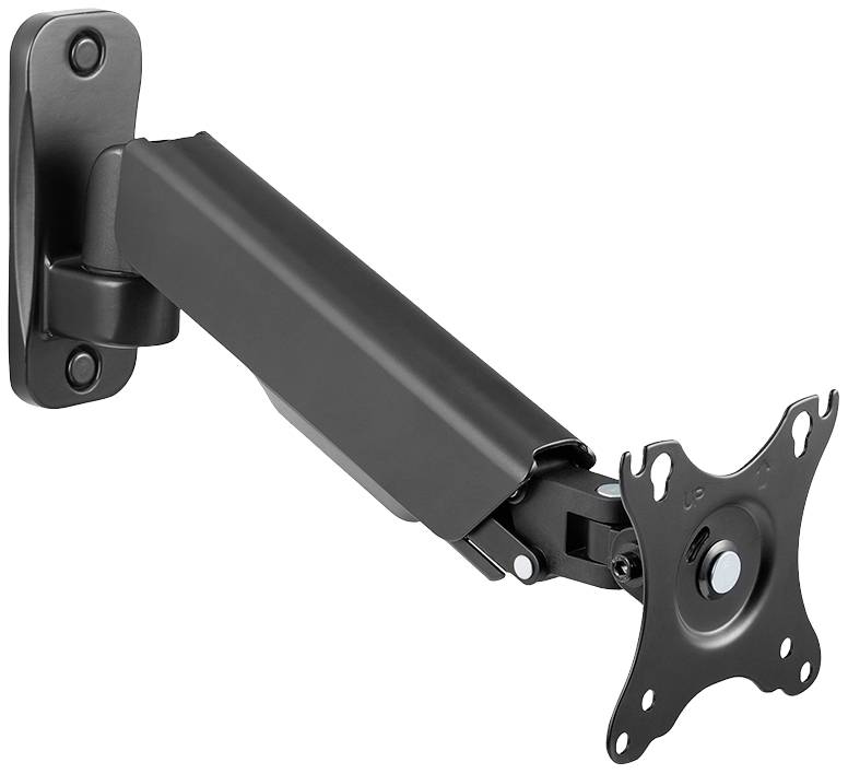 Black TV wall mounting bracket with articulated joints for flexible screen positioning, wall-mounted.