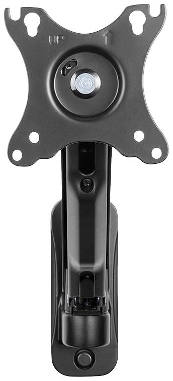 Black monitor mount with swivelling arm, suitable for screen mounting. It features a VESA mount and cable management.