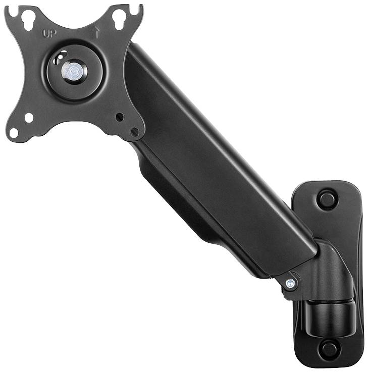 A black, adjustable monitor arm for wall mounting, suitable for smaller screens, offers flexible tilt and rotation.