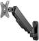 Black, adjustable metal monitor mount for wall mounting. Suitable for screens. Includes swivel and tilt mechanism.